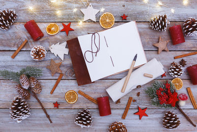 High angle view of christmas decoration on table