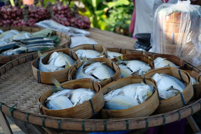 Close-up of wicker basket for sale at market stall