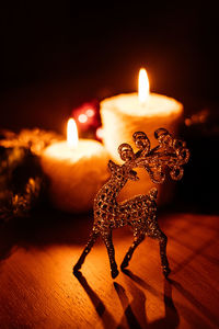 Close-up of illuminated candles on table