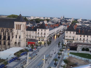 High angle view of street amidst buildings in city