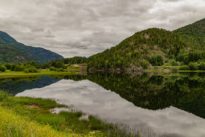 Scenic view of lake and mountains against sky