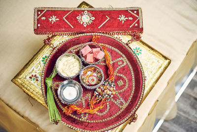 High angle view of pasta in plate on table
