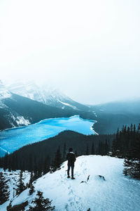 Rear view of man on snow covered land looking at view