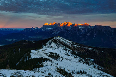 Scenic view of snowcapped mountains against sky during sunset