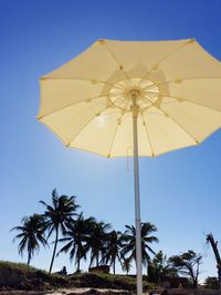 Low angle view of coconut palm trees against clear blue sky