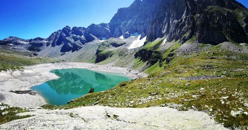 Scenic view of lake and mountains against clear sky
