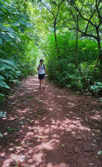 Rear view of woman walking in forest