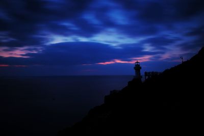 Silhouette buildings by sea against sky at sunset