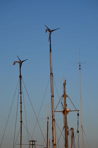 Low angle view of windmill against clear blue sky