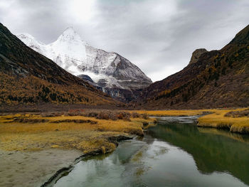 Scenic view of lake and snowcapped mountains against sky