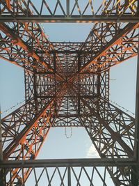 Low angle view of electricity pylon against clear sky