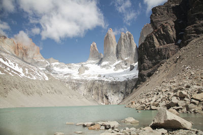 Idyllic shot of rocky mountains against sky at torres del paine national park