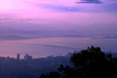 The penang bridge as viewed from penang hill in the early morning 