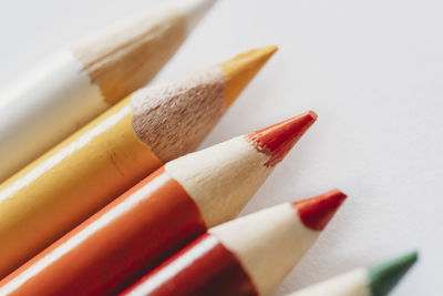 Macro view of red orange yellow coloring pencils