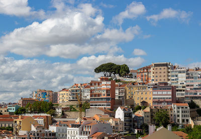 Buildings in city against cloudy sky