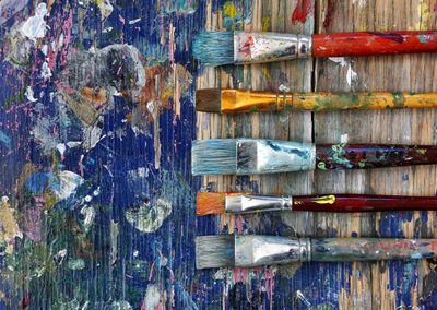 Close-up of paintbrushes on dirty table