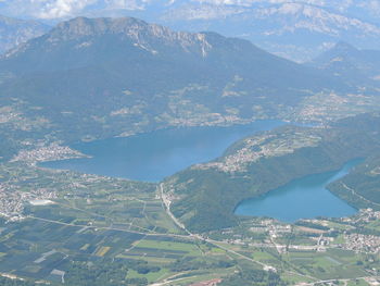 Aerial view of townscape and mountains