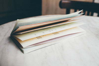 High angle view of book on table