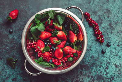 High angle view of strawberries in bowl on table