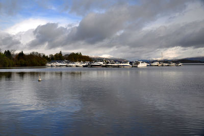 Scenic view of river against cloudy sky