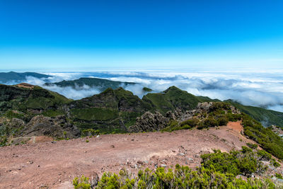 Scenic view of sea and mountains against clear blue sky