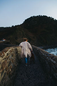 Rear view of couple walking on shore against clear sky