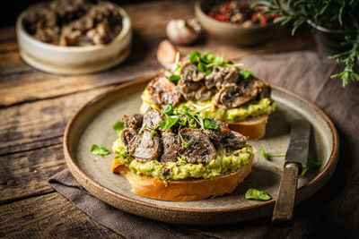 High angle view of food in plate on table