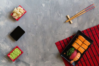 High angle view of food on table