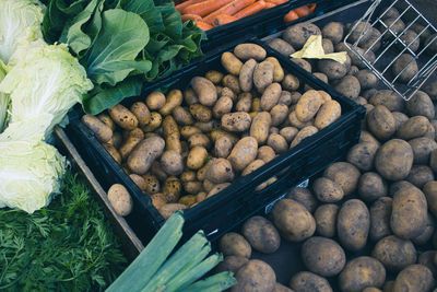 High angle view of vegetables for sale at market stall