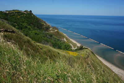 Beautiful view of adriatic sea from san bartolo, pesaro, italy during summer with sun and blue sky