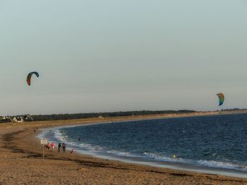 Person paragliding at beach against clear sky