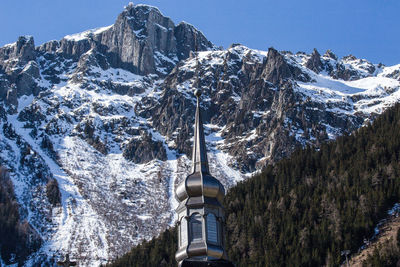 Panoramic view of snowcapped mountains against clear sky