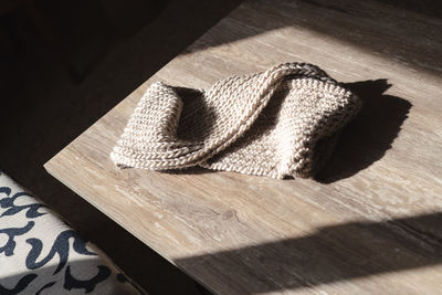 High angle view of hat on table at home