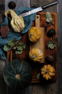 High angle view of pumpkins on table