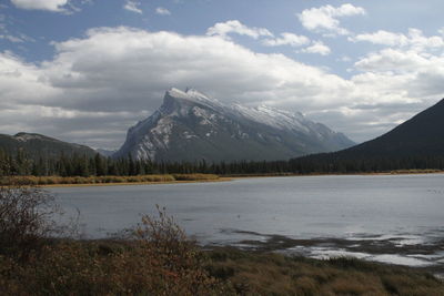 Scenic view of lake and mountains against sky