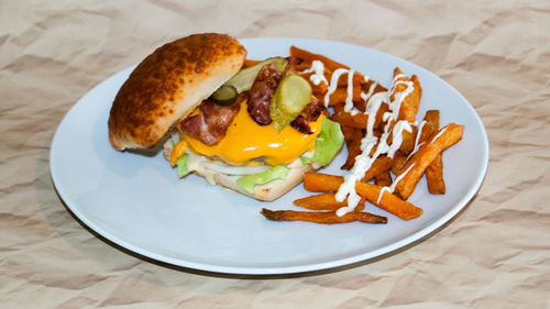 High angle view of food in plate on table