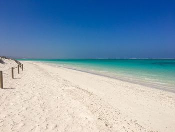 Scenic view of beach against clear blue sky