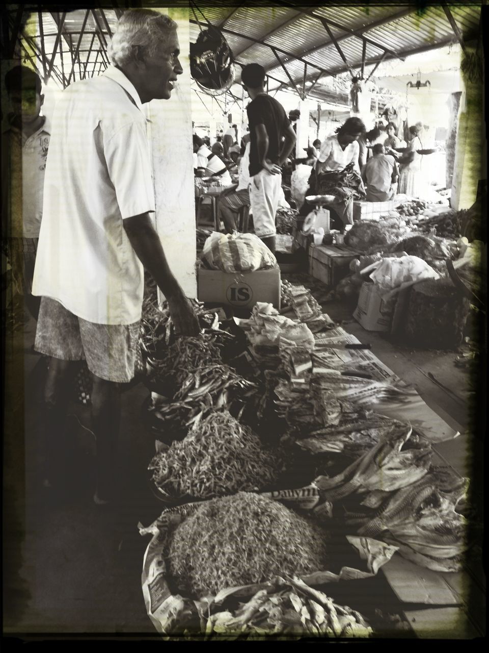 transfer print, auto post production filter, day, transportation, high angle view, outdoors, market, street, sunlight, market stall, retail, panoramic, abundance, large group of objects, for sale, mode of transport, incidental people, variation, men, chair