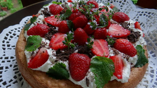 High angle view of strawberries on table