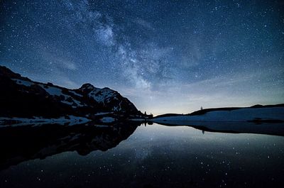 Scenic view of lake against sky at night