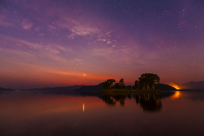 Scenic view of lake against sky at sunset