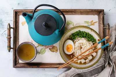 High angle view of breakfast on table