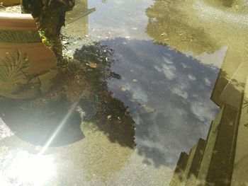 High angle view of building reflection in puddle