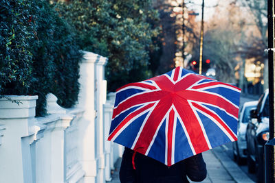 Close-up of person holding umbrella while walking on street