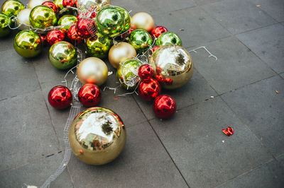 High angle view of christmas decorations on table