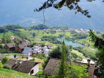 High angle view of buildings in village