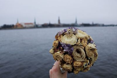 Close-up of hand holding flowers against river