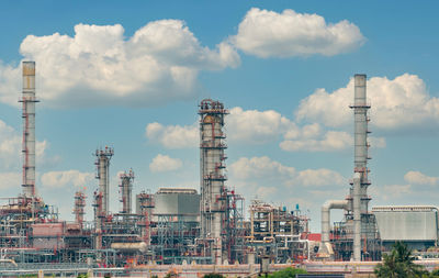 Oil refinery or petroleum refinery plant with blue sky background. power and energy industry. 