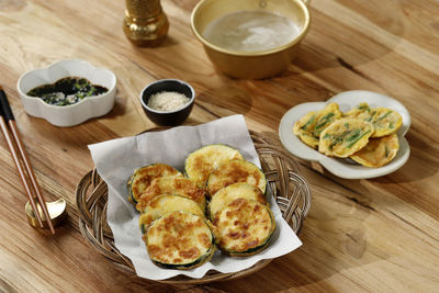Hobak jeon or pan fried zucchini, traditional korean vegetable pancake 
