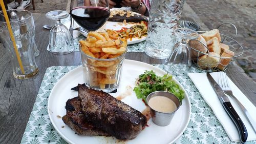 High angle view of meal served on table